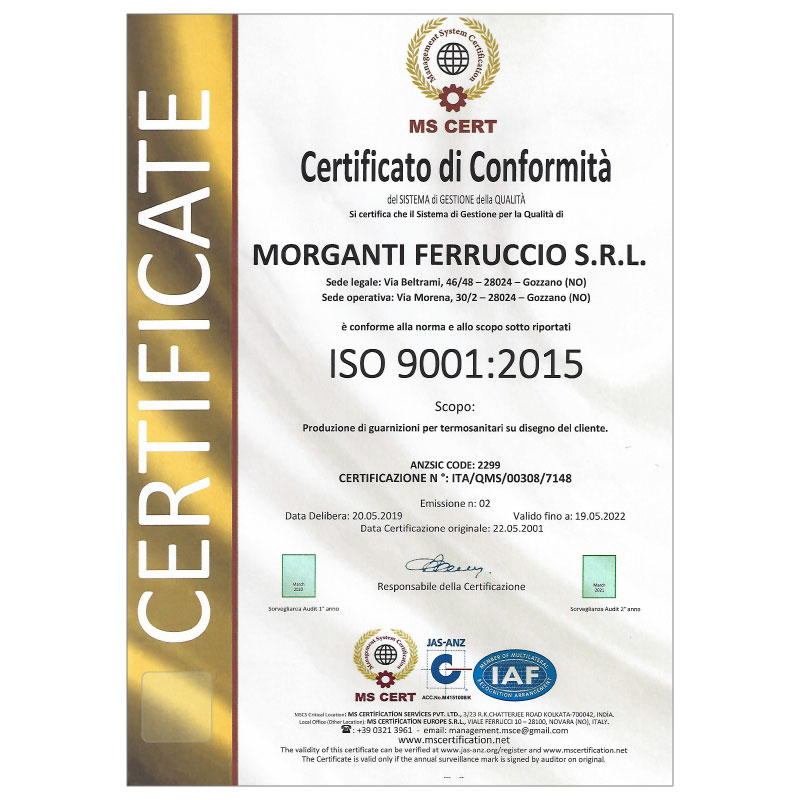 Certificazioni Morganti Ferruccio Srl Guarnizioni Industriali